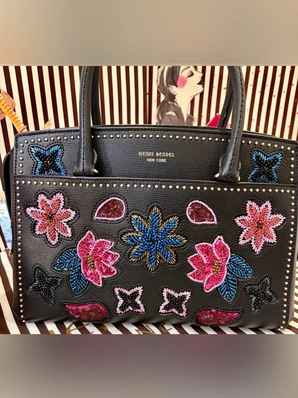 HENRI BENDEL West 57th Embellished Floral Appliqué Satchel w/dusty-shopping bag